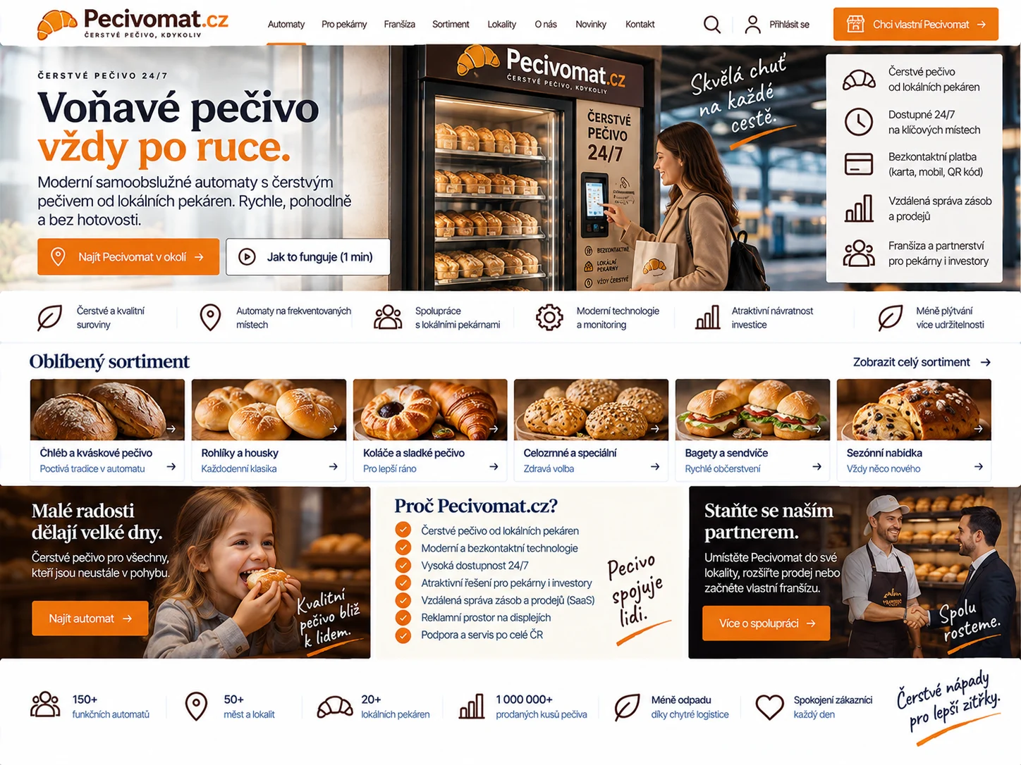 Ilustrační návrh webu Pecivomat.cz v oranžové, bílé a tmavě hnědé s prodejním automatem plným pečiva